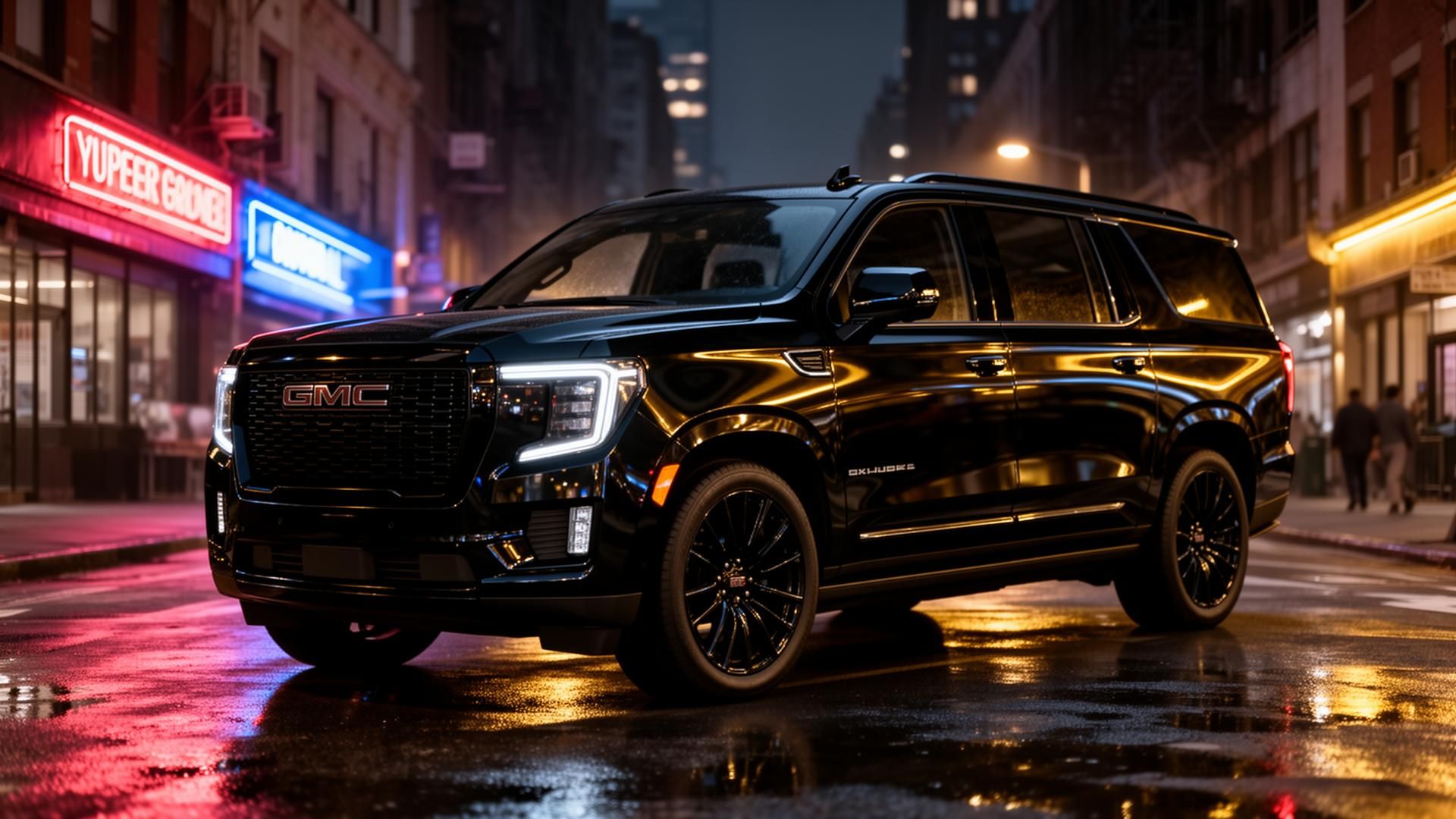 Blacked-out 2025 GMC Yukon XL Denali on a Manhattan street at night — Diamond List Concierge